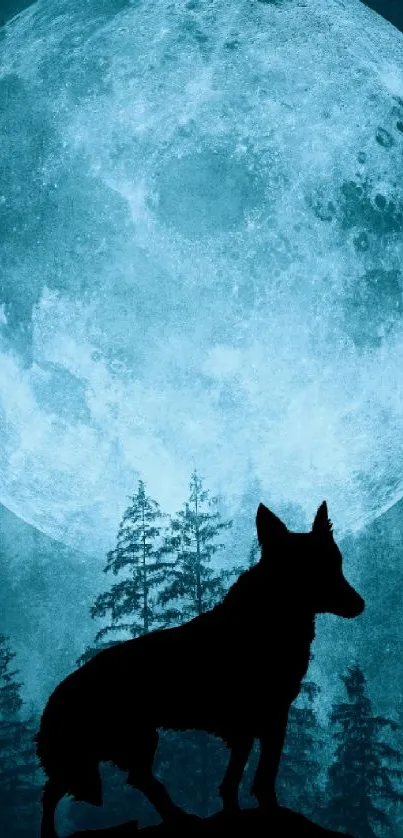 Silhouette of a wolf under a large full moon with trees in the background.