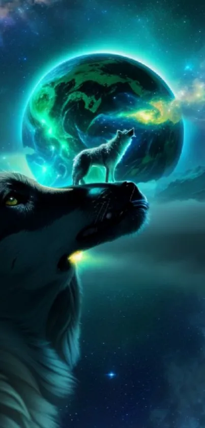 Wolf howling under a glowing cosmic earth.