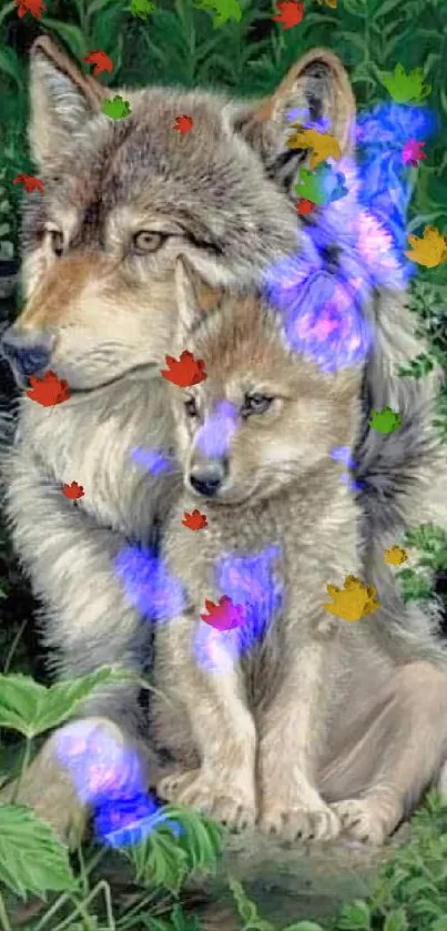 Wolf and pup in lush green forest, calming nature art.