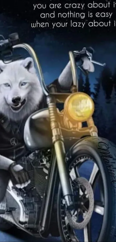 Wolf riding motorcycle under moon in artistic wallpaper scene.