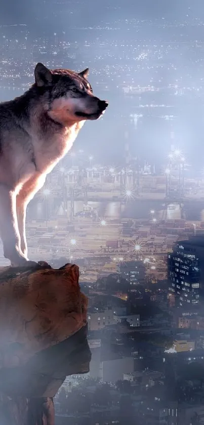 Majestic wolf overlooking illuminated city skyline at night.