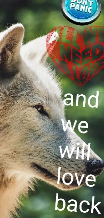 Peaceful wolf with inspirational text on nature background.