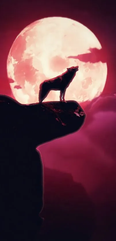 Silhouette of a wolf against a red moon in a night sky.