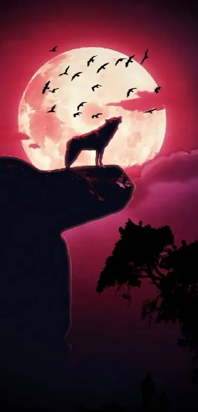 Wolf silhouette in crimson moonlight with birds flying.