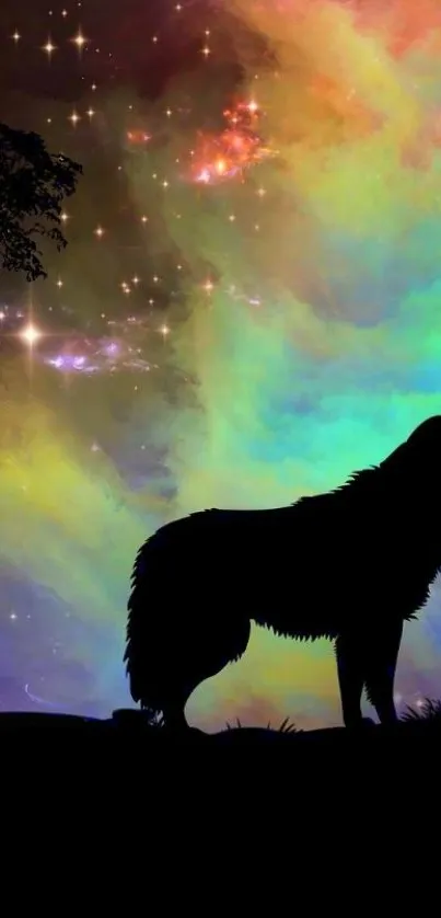 Wolf silhouette with colorful galaxy background on mobile wallpaper.