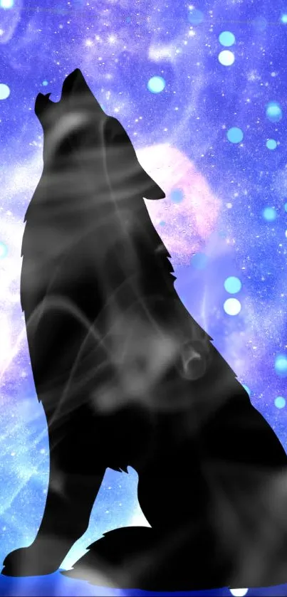 Silhouette of a wolf against a galaxy backdrop with blue and purple hues.