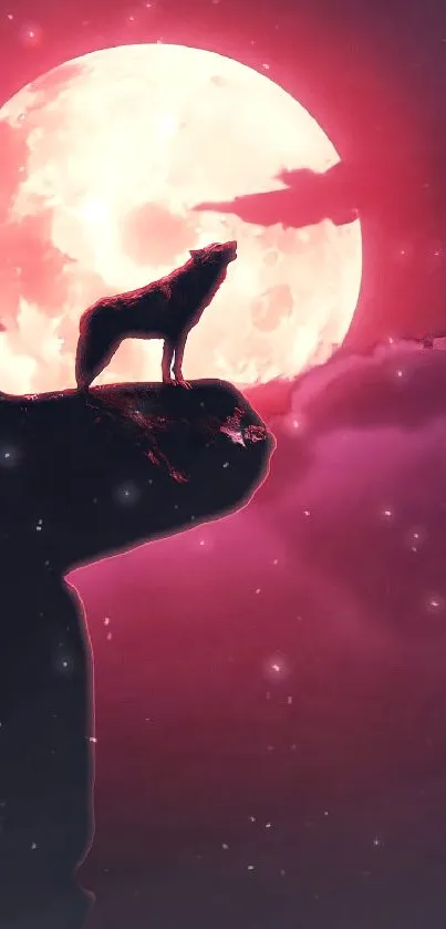 Wolf silhouette against pink moonlit sky wallpaper.