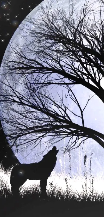 Silhouette of a wolf howling at a large moonlit night sky with a tree.