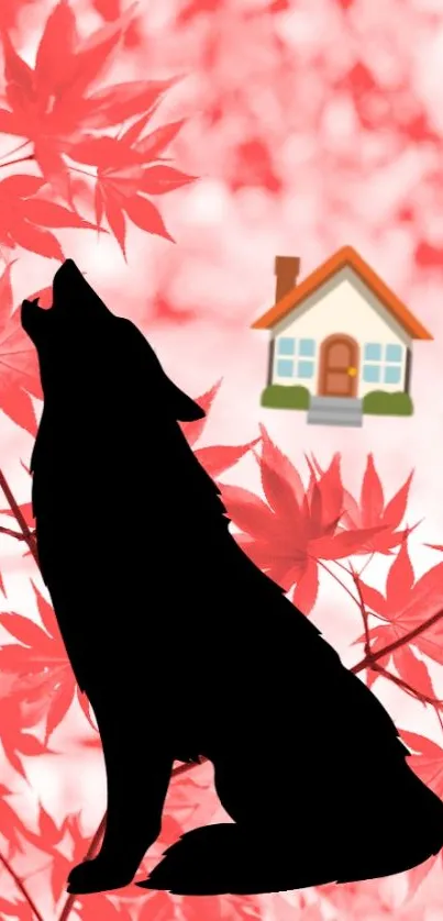 Wolf silhouette against red maple leaves wallpaper with house emoji.