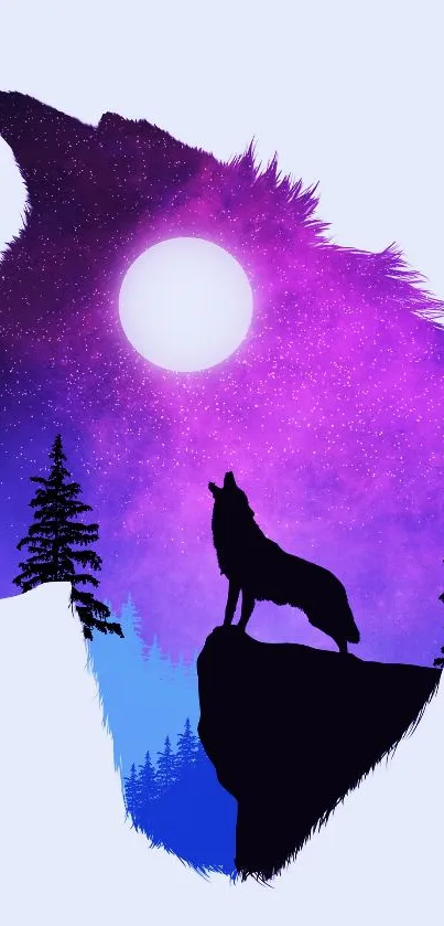 Wolf silhouette under a starry purple sky with forest and moon.