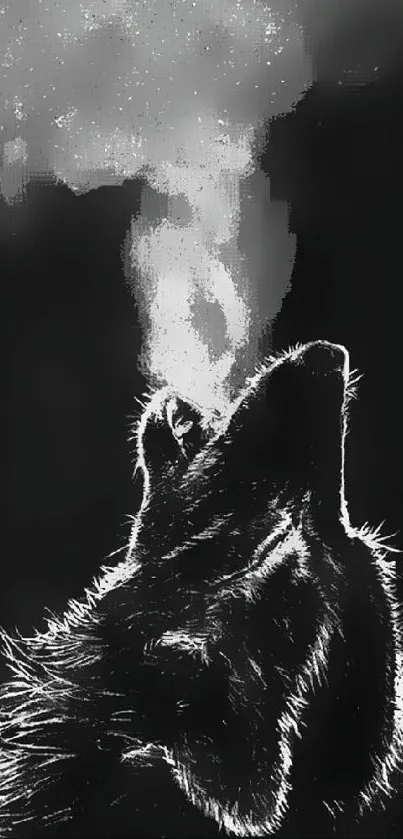 Silhouette of a wolf howling on a dark background wallpaper.