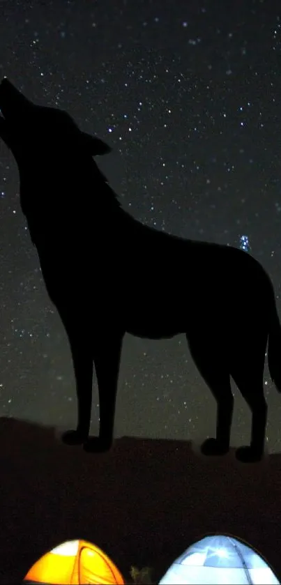 Wolf silhouette with starry night backdrop and camping tents.