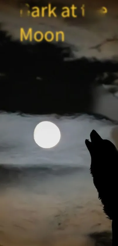Silhouette of a wolf howling at the full moon in a dark, cloudy night sky.