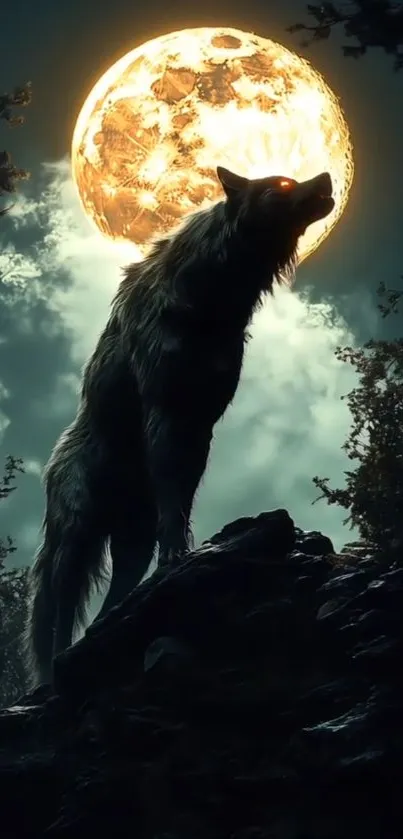 Silhouette of a wolf howling under the full moon in a dark forest.