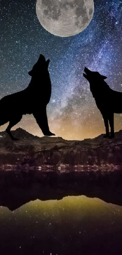 Silhouetted wolves howling under a starry sky and full moon.