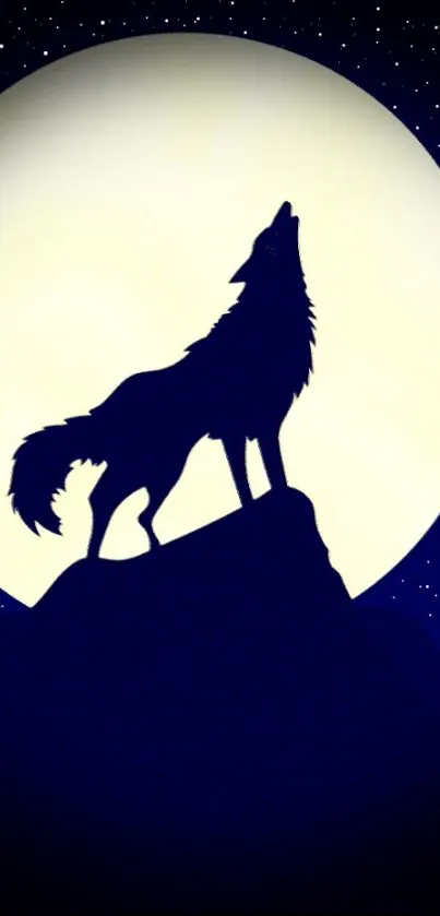 Silhouette of a wolf howling at the moon with a starry night sky.