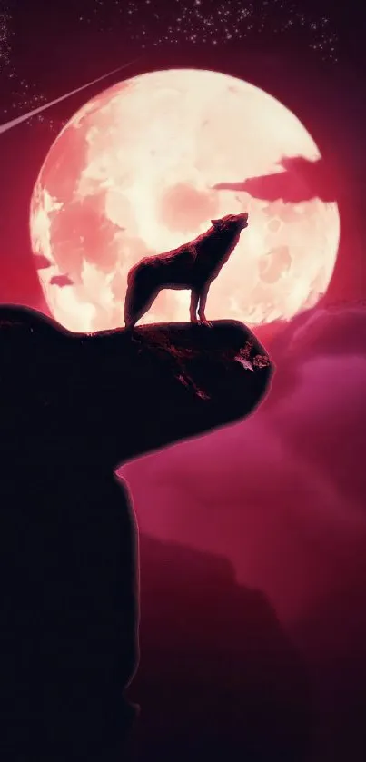 Silhouette of wolf on cliff with red moon background.