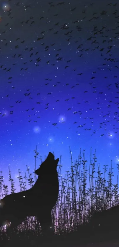 Wolf silhouetted against a starry night sky with a blue-purple gradient.