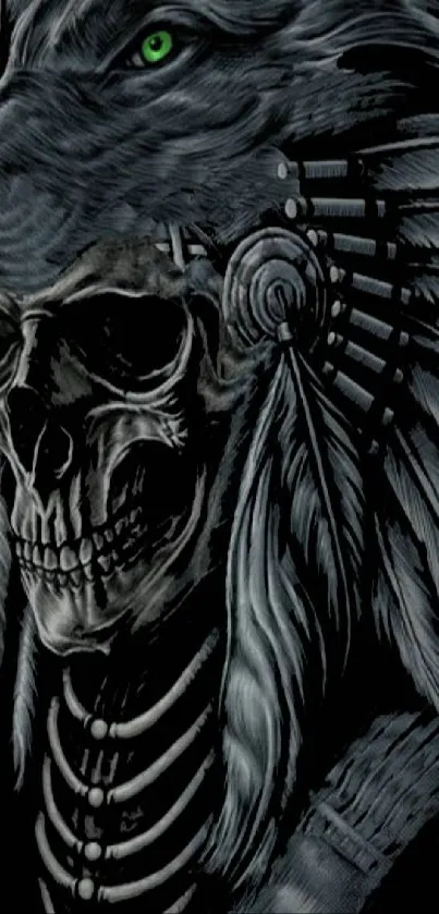 Dark wolf skull with feathers mobile wallpaper art.