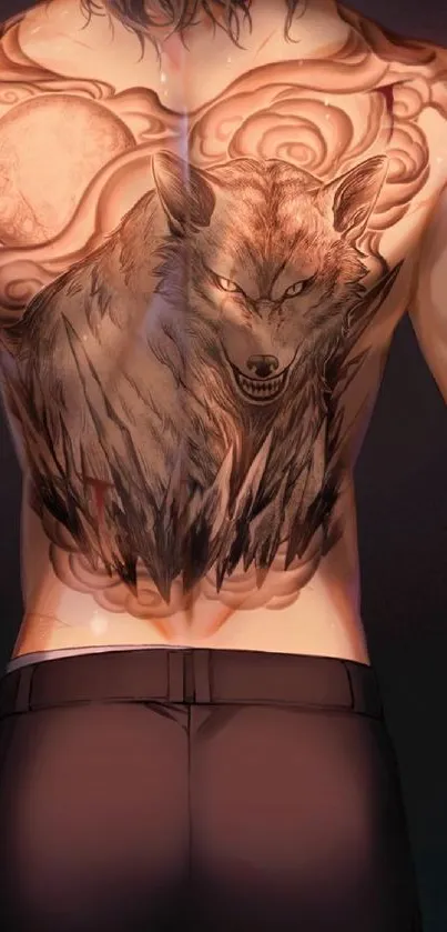 Striking wolf tattoo on a muscular back.