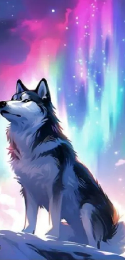 Majestic wolf under a vibrant aurora sky, creating a stunning night scene.