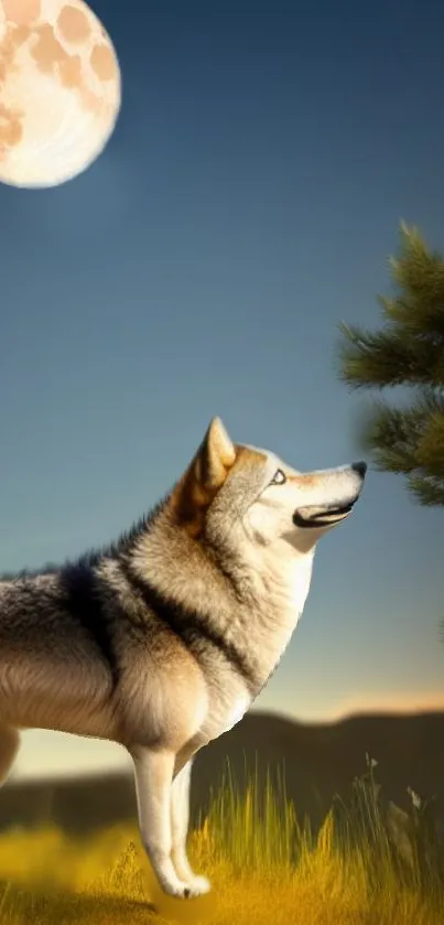 Majestic wolf gazing at the full moon in a serene landscape wallpaper.