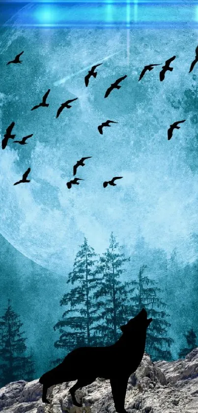 Silhouette of a wolf howling under a large full moon with birds in flight.