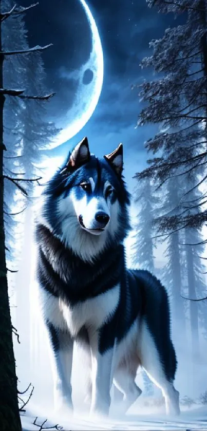 A majestic wolf stands in a moonlit snowy forest, under a crescent moon.