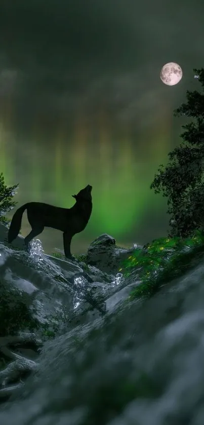 Wolf howling under Northern Lights in a forest landscape with moon.