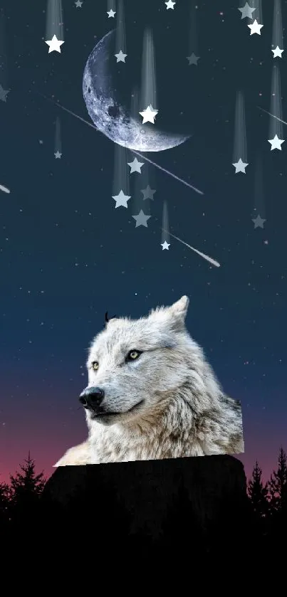 Majestic wolf under a crescent moon and shooting stars in night sky.