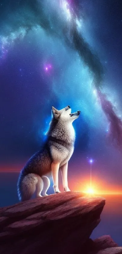 Wolf howling at night under a star-filled sky with a cosmic background.