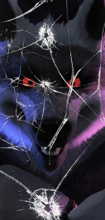 Fierce wolf with red eyes on a dark, mystic background.