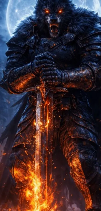 Wolf warrior with flaming sword under the moonlight.