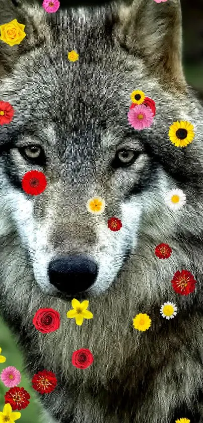 Majestic wolf with colorful flowers in a vibrant nature scene.