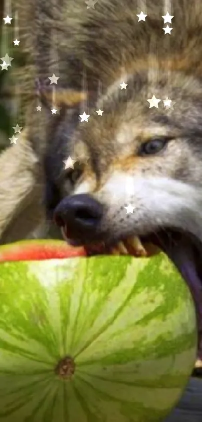 Playful wolf biting into a fresh watermelon on a wooden surface.