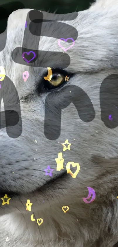 Wolf adorned with stars and hearts on a gray backdrop.