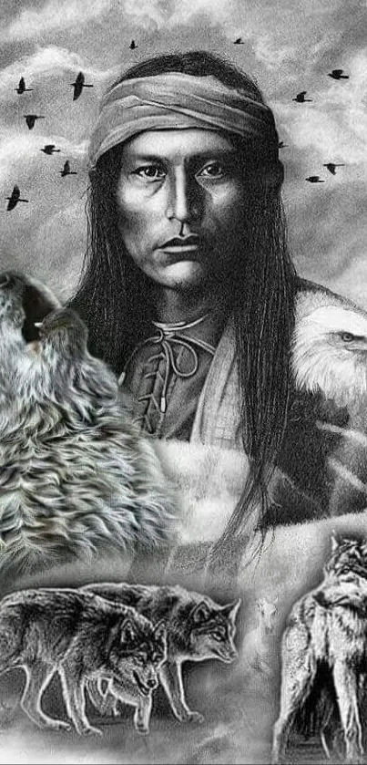 Monochrome wallpaper featuring a warrior with wolves and birds.