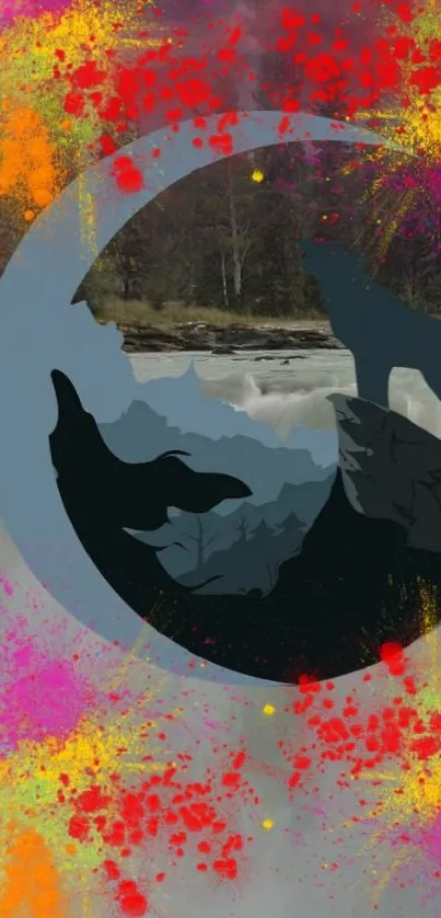 Wolves howling above dramatic waterfall with artistic abstract elements.