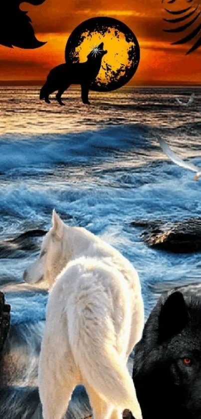 Wolves by the sea at sunset with a vibrant orange sky.