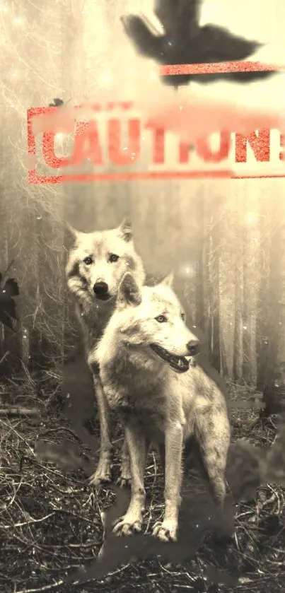 Twin wolves stand with caution sign in forest-themed wallpaper.