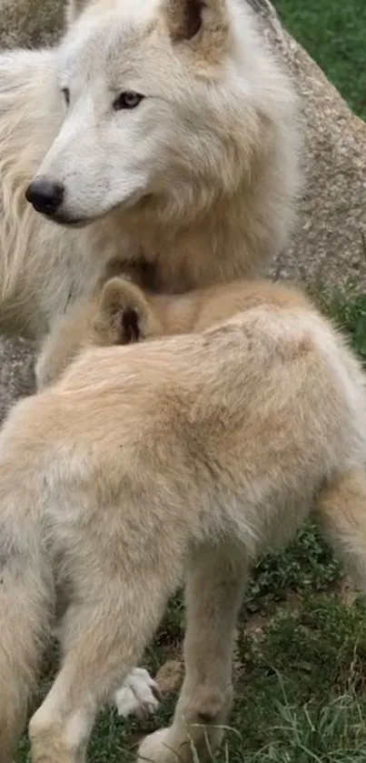 Two wolves interacting in a natural setting, showcasing wildlife beauty.