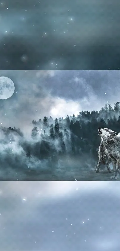 Wolves howling in a misty, moonlit forest night scene wallpaper.