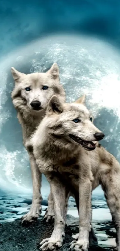 Two wolves standing under a full moon in an ethereal night scene.