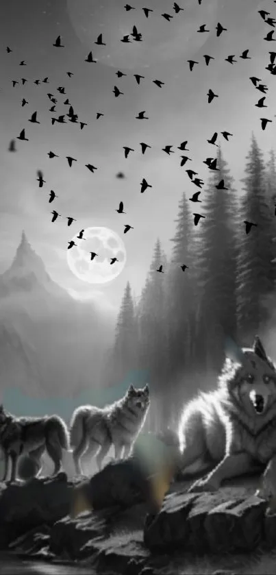 Three wolves under a full moon in a misty forest with flying birds.