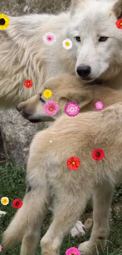 Two wolves with colorful flowers in nature.