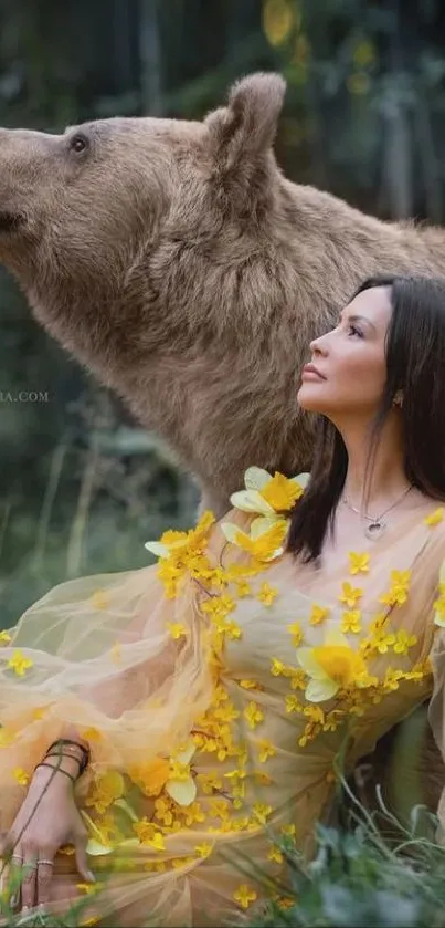 Woman in yellow dress poses with a bear in a lush green forest.