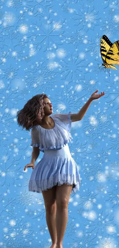 Woman reaching for a butterfly with snowflake background.