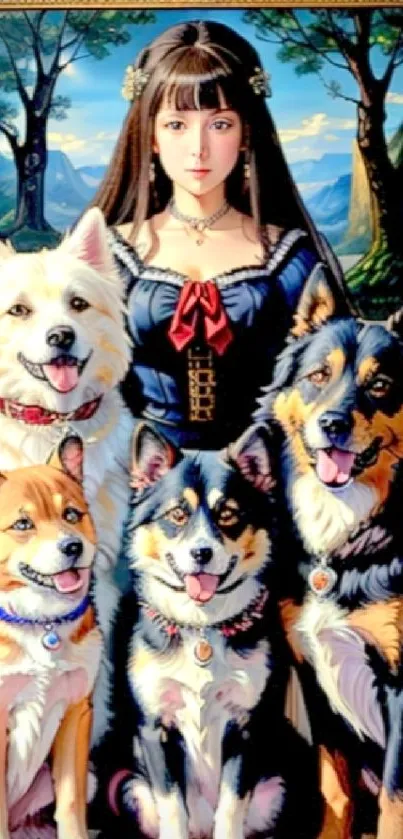 Woman in a dress with four dogs in front of a landscape painting.