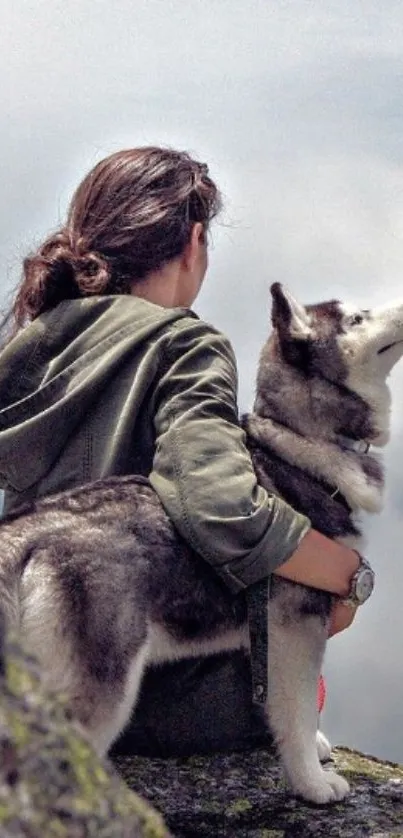 Woman embraced with Husky on mountain top under a cloudy sky.