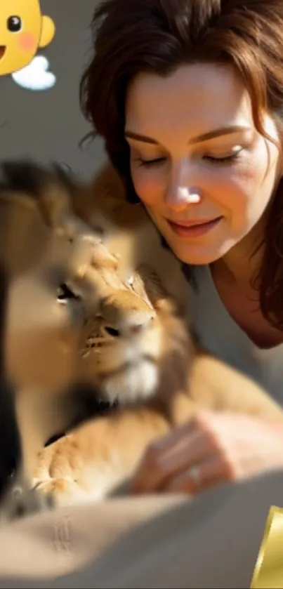 Woman gently interacting with a lion in soft light.